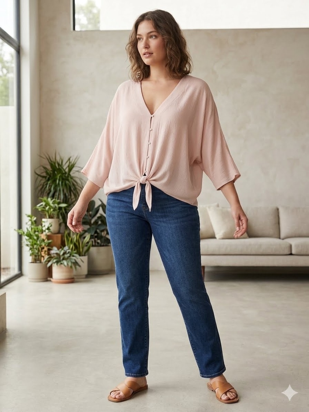 Express Blush Pink Tie-Front Button-Up V-Neck Blouse Boho Dolman Sleeve L